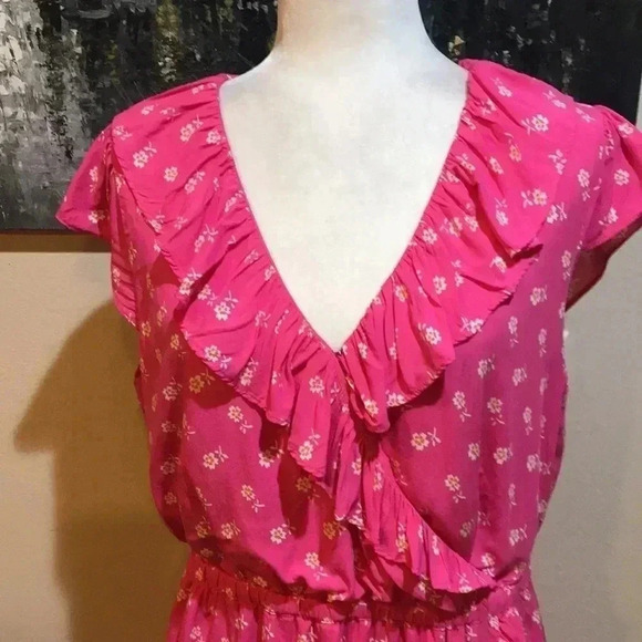 J. Crew V Neck Ruffle Floral Faux Wrap Dress Fuchsia Pink Size 10 - Picture 5 of 10